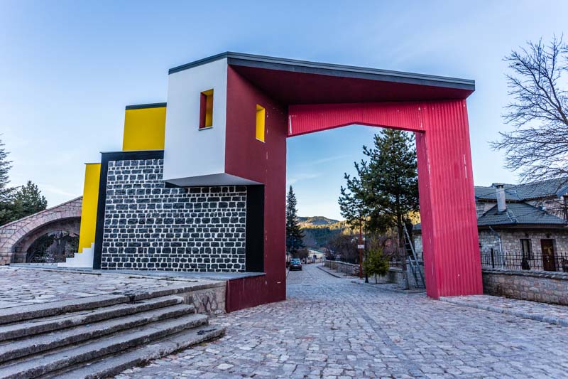 Modern gate woth red, white and yellow colours, Voskopojë, Korçë, Albania