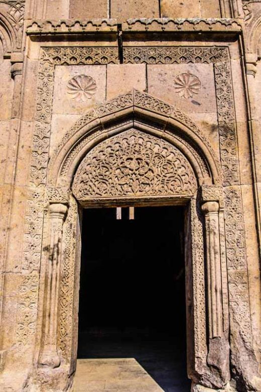 Goshavank monastery, Armenia. Intricate carvings on stone door of Armenian medieval monastery