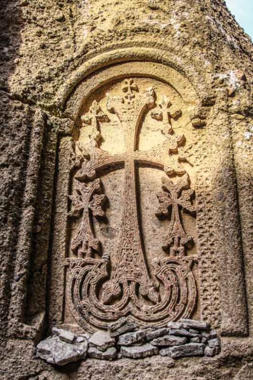 Khachkar ( Armenian engraved cross) in Geghard Monastery, Armenia
