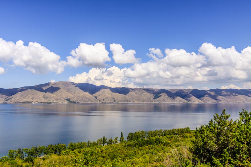 View of Sevan Lake from the Sevanavank peninsula. Alpine lake in the Caucasus, Armenia
