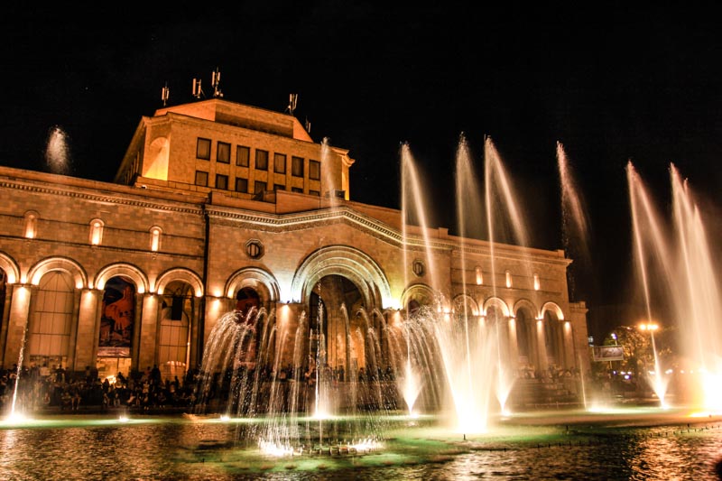 Water, music and light show in Dancing Fountain in Republic Square, central Yerevan, Armenia
