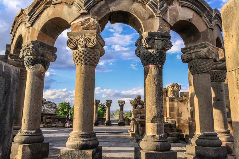Columnst and arches of ruins of Zvartnots Cathedral, one of the most iconic sights of Armenia, UNESCO World heritage