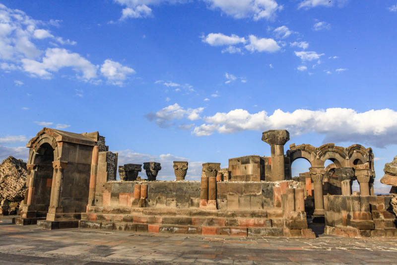 Columnst and arches of ruins of Zvartnots Cathedral, one of the most iconic sights of Armenia, UNESCO World heritage