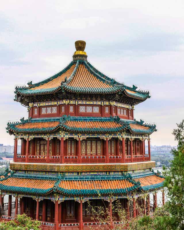 Beijing, China. Summer Palace. Tower of Buddhist Incense in Longevity Hill. 8-storey Chinese pagoda with glazed tile roofs