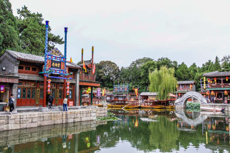 Beijing, China: Summer Palace, Suzhou river. River lined with traditional houses and bridge