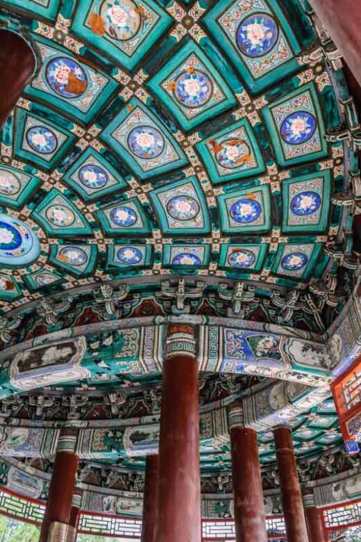 Beijing, China. Temple of Heaven, Double-ring pavilion, interior Chinese architecture, original structure with aquamarine tile ceiling
