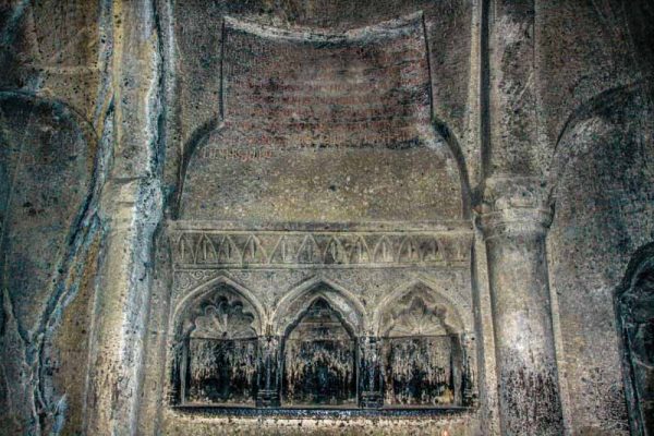 Carvings in underground chamber of Geghard Monastery in Armenia.