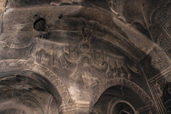 Carved lions in underground chamber of Geghard Monastery in Armenia.