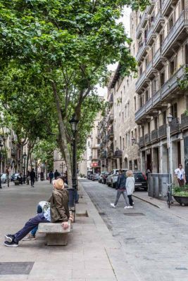 El Born, Barcelona, Cataluña, España: Passeig del Born, calle principal del barrio con árboles y bancos