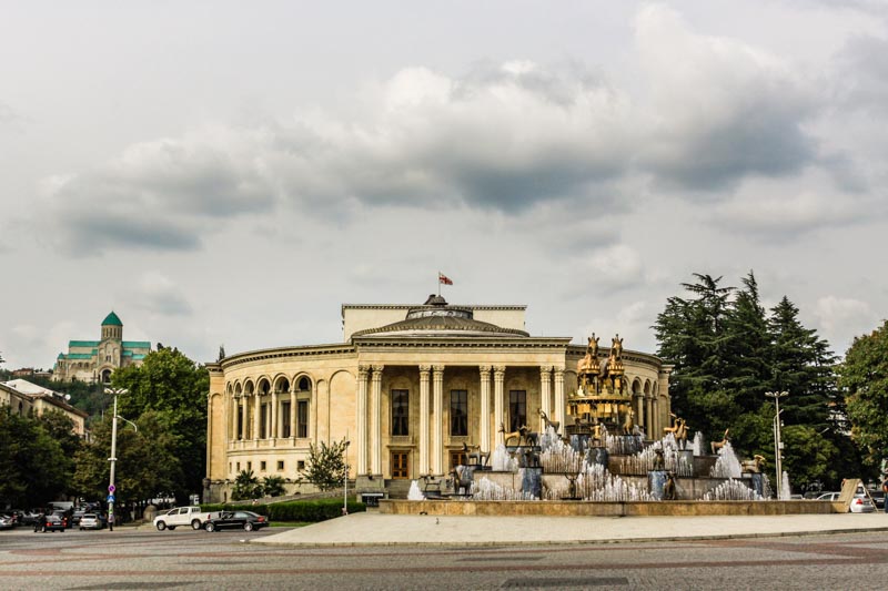 Kutaisi, Georgia. Colchis fountain and Meshkishvili theatre. Bagrati Cathedral on the background.