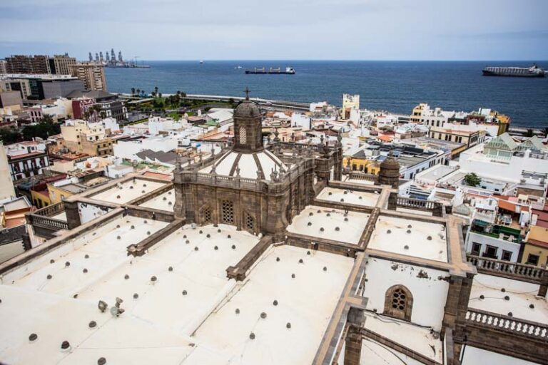 Vista del tejado de la catedral de Las Palmas, pintado de blanco y el Océano Atlántico