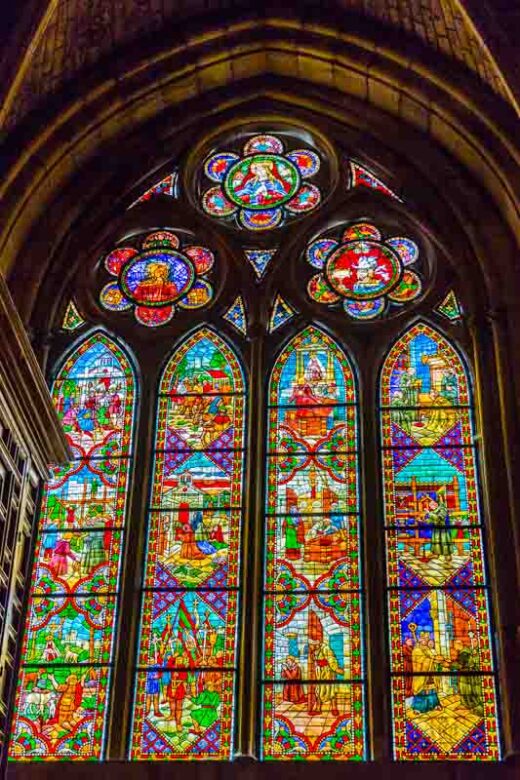 Medieval stained glass window in León Cathedral, Spain