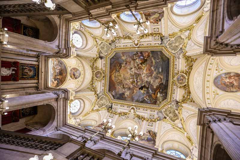 Ceiling of stucco with frescoes in main stairway of Madrid Royal Palace, 18th century.