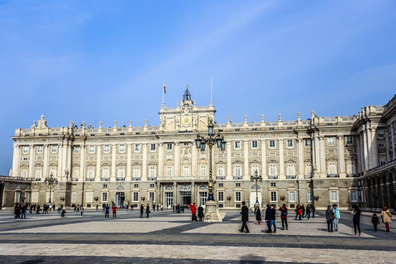 Parade ground of Madrid Royal Palace, 18th century Baroque building made of granite