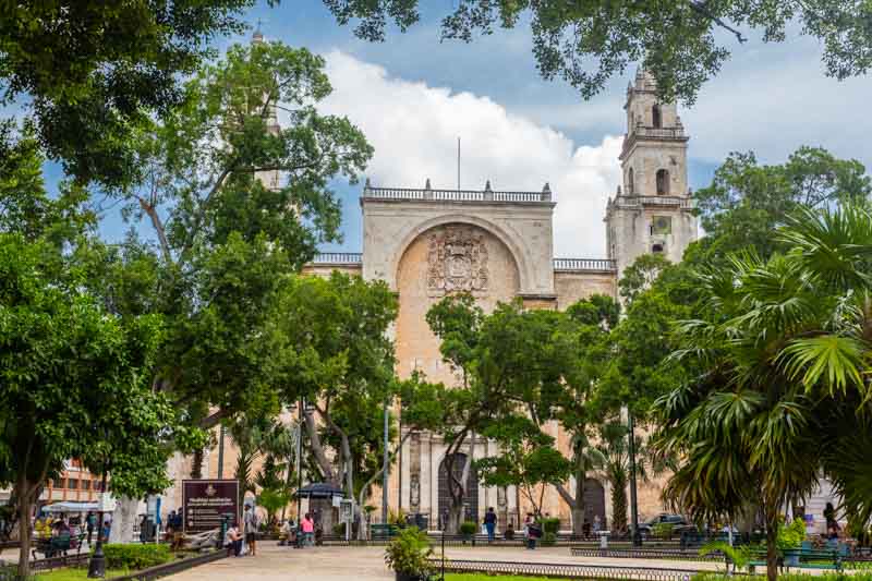 Mérida, Yucatán, México. Plaza Principal: árboles y catedral al fondo