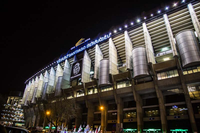 Historical football stadium of Real Madrid, Santiago Bernabéu, at night before game