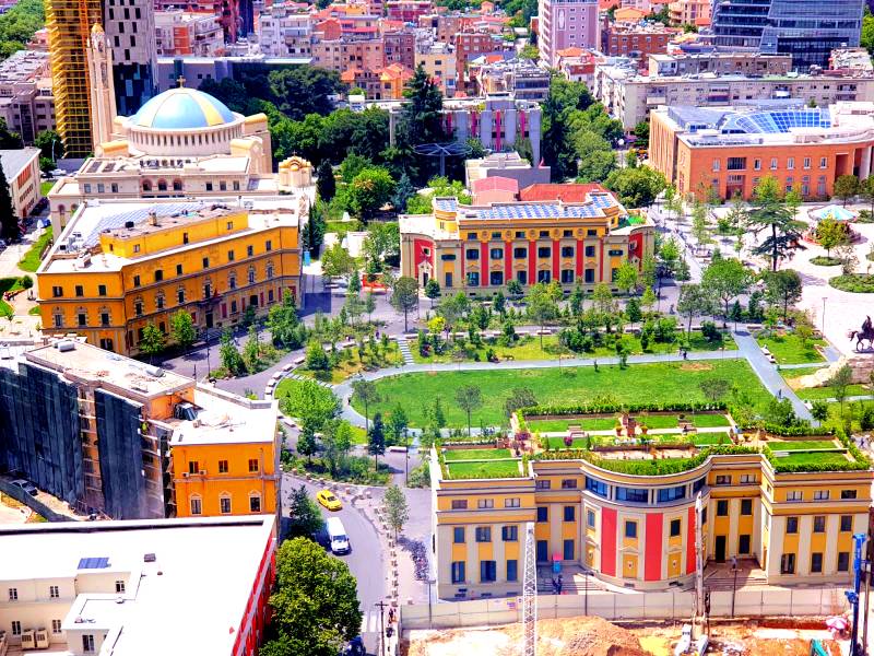 Tirana, Albania: Parku Europa, italian fascist architecture ministerial buildings seen from above