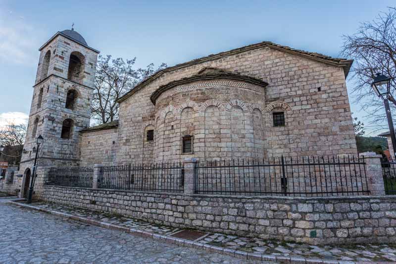 Byzantine style Christian Orthodox church in Albania made of stone with arcades. Voskopojë, Korçë, Albania